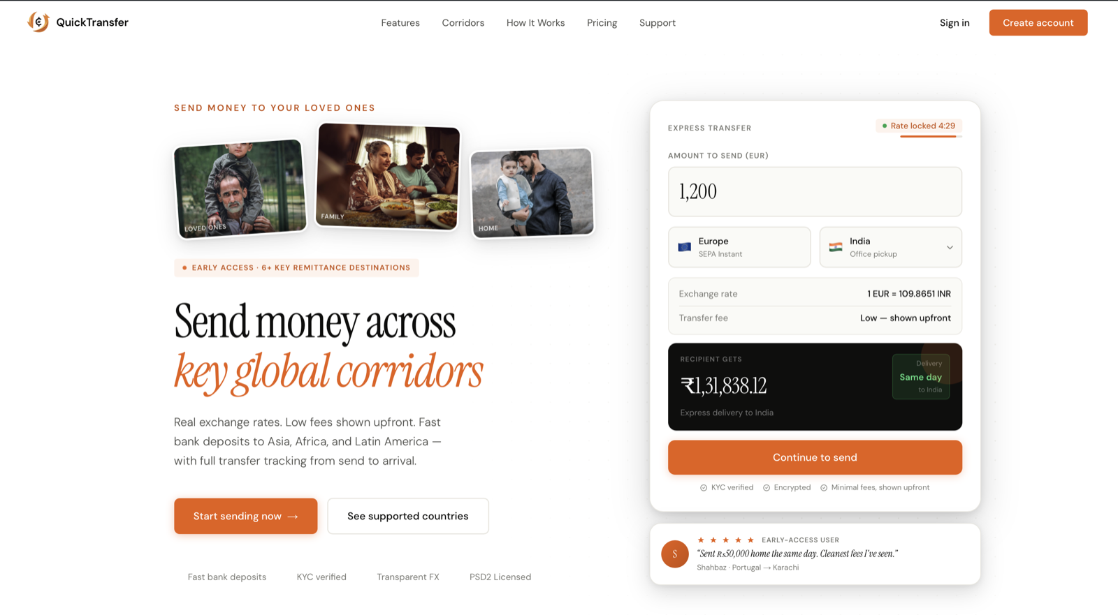 QuickTransfer cross-border money transfer landing page